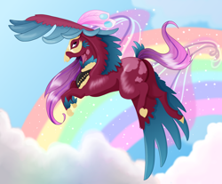 Size: 3500x2900 | Tagged: safe, artist:elena-naqua, imported from derpibooru, oc, oc only, classical hippogriff, hippogriff, adoptable, claws, cloud, crown, eyelashes, feather, female, flying, high res, jewelry, purple eyes, purple mane, rainbow, regalia, sky, smiling, solo, spread wings, stars, wings