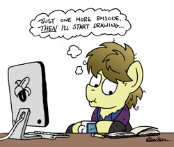 Size: 2000x1691 | Tagged: safe, artist:bobthedalek, imported from derpibooru, oc, oc only, oc:kettle master, earth pony, pony, atg 2021, banana, bathrobe, clothes, computer, food, messy mane, mug, newbie artist training grounds, pajamas, pencil, procrastination, robe, sketchbook, thought bubble