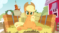Size: 3840x2160 | Tagged: safe, artist:spookitty, imported from derpibooru, applejack, earth pony, pony, my little pony: the movie, applejack's hat, belly, commission, cowboy hat, cute, featureless crotch, freckles, green eyes, hat, hay, hay bale, high res, jackabetes, looking at you, movie accurate, sitting, smiling, solo, underhoof, wagon