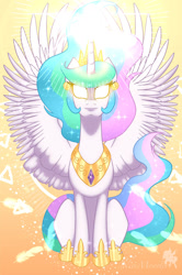 Size: 900x1353 | Tagged: safe, artist:nivimonster, imported from derpibooru, princess celestia, alicorn, pony, female, glowing, glowing eyes, glowing horn, horn, magic, magic aura, mare, signature, smiling, solo, spread wings, wings