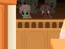 Size: 256x192 | Tagged: safe, artist:creepa-bot inc., imported from derpibooru, part of a set, earth pony, pony, unicorn, ace attorney, background, background pony, court, courtroom, elements of justice, equestrian flag, pixel art
