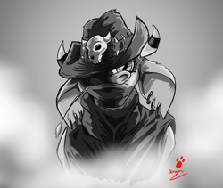 Size: 2312x1950 | Tagged: safe, artist:duragan, imported from derpibooru, arizona cow, cow, them's fightin' herds, arizona (tfh), badass, black and white, community related, cowboy hat, ear piercing, earring, gradient background, grain, grayscale, hat, jewelry, monochrome, piercing, skull, solo, stetson