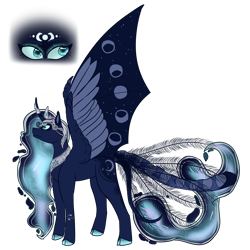 Size: 1500x1500 | Tagged: safe, artist:doctorbookwyrm, imported from derpibooru, princess luna, alicorn, pony, alternate design, bat wings, crown, ethereal mane, female, galaxy mane, horn, horn jewelry, hybrid wings, jewelry, leonine tail, mare, peacock feathers, regalia, simple background, solo, solo female, starry mane, tail feathers, transparent background, wing claws, wings