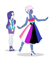 Size: 4581x5000 | Tagged: safe, artist:carnifex, imported from derpibooru, rarity, oc, oc:azure/sapphire, equestria girls, absurd resolution, crossdressing, duo, female, femboy, genderfluid pride flag, male, pansexual pride flag, pride, pride dress, pride flag, pride month, rarity peplum dress, simple background, smiling, white background