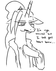 Size: 493x621 | Tagged: safe, artist:jargon scott, imported from derpibooru, oc, oc only, oc:dyx, alicorn, pony, black and white, clothes, female, floppy ears, grayscale, heart-burn, male, mare, monochrome, older, older dyx, robe, simple background, solo, white background