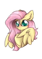 Size: 1704x2400 | Tagged: safe, artist:mariashek, imported from derpibooru, fluttershy, pegasus, pony, big eyes, blushing, bust, chest fluff, cute, daaaaaaaaaaaw, ear fluff, female, frown, high res, mare, shyabetes, simple background, solo, stray strand, watermark, white background