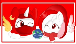 Size: 678x394 | Tagged: safe, artist:earthpone06, imported from derpibooru, oc, oc only, oc:sinar bulan indonesia, alicorn, pegasus, duo, duo female, earth, female, head, hijab, indonesia, indonesian flag, islam, looking at each other, mare, mask, moon, one eye closed, pegasus oc, smiling, smiling at each other, wings, wink