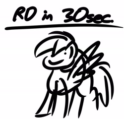 Size: 1920x1920 | Tagged: safe, artist:ashtoneer, imported from twibooru, rainbow dash, pegasus, pony, 30 second sketch, black and white, female, grayscale, image, mare, monochrome, needs more jpeg, simple background, sketch, solo, text, white background