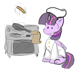 Size: 722x654 | Tagged: safe, artist:zutcha, imported from twibooru, twilight sparkle, alicorn, pony, chef's hat, clothes, cooking, female, hat, image, levitation, magic, mare, oven, pan, png, recipe, simple background, sketch, solo, stove, telekinesis, twilight sparkle (alicorn), white background