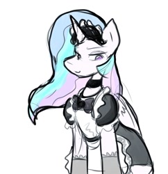 Size: 909x940 | Tagged: safe, artist:zutcha, imported from twibooru, princess celestia, alicorn, pony, clothes, female, image, maid, mare, needs more jpeg, simple background, sketch, solo, white background