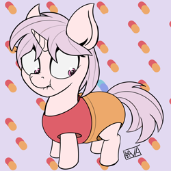 Size: 4000x4000 | Tagged: safe, artist:evan555alpha, imported from ponybooru, oc, oc only, oc:red pill, unicorn, abstract background, blue pill, clothes, costume, female, filly, horn, lip bite, looking back, messy mane, nervous, red pill, scrunchy face, shrunken pupils, signature, silly, solo, unicorn oc