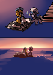 Size: 1044x1473 | Tagged: safe, artist:neuro, silver sable, oc, earth pony, pony, unicorn, 2 panel comic, armor, comic, duo, earth pony oc, eyes closed, female, food, guardsmare, helmet, hoof shoes, ice cream, ice cream cone, jet ski, magic, mare, ocean, royal guard, smiling, sunset, telekinesis