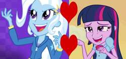 Size: 2286x1080 | Tagged: safe, edit, edited screencap, imported from derpibooru, screencap, trixie, twilight sparkle, equestria girls, rainbow rocks, female, heart, lesbian, shipping, shipping domino, twixie