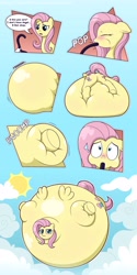 Size: 2046x4096 | Tagged: safe, artist:tuft, imported from derpibooru, angel bunny, fluttershy, pegasus, pony, :t, belly, big belly, bingo wings, blimp, blushing, cloud, comic, dialogue, embarrassed, eyes closed, floating, floppy ears, flutterblimp, helium inflation, helium tank, hose, huge belly, impossibly large belly, inflation, neck roll, offscreen character, sky, sweat, sweatdrops, underhoof, wide eyes