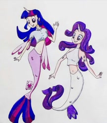 Size: 540x621 | Tagged: safe, artist:lunaart, imported from derpibooru, rarity, twilight sparkle, human, mermaid, equestria girls, alternative cutie mark placement, duo, duo female, female, fin wings, grin, horn, horned humanization, human coloration, humanized, mermaid tail, mermaidized, mermaids, mermarity, open mouth, open smile, simple background, smiling, species swap, twilight sparkle (alicorn), white background, winged humanization, wings