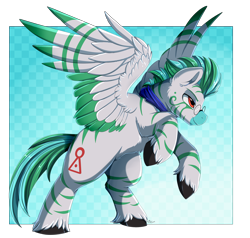 Size: 3000x2850 | Tagged: safe, artist:pridark, imported from derpibooru, oc, oc only, oc:kilani, pegasus, pony, zebra, bipedal, cloven hooves, colored wings, commission, cutie mark, glasses, high res, lidded eyes, male, multicolored wings, pegasus oc, raised hoof, smiling, solo, wings, zebra oc