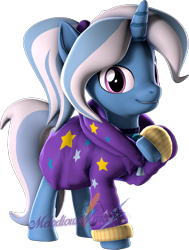 Size: 1458x1933 | Tagged: safe, artist:melodiousmarci, imported from derpibooru, trixie, pony, unicorn, 3d, alternate hairstyle, babysitter trixie, clothes, collar, hoodie, looking at you, ponytail, simple background, solo, source filmmaker, transparent background