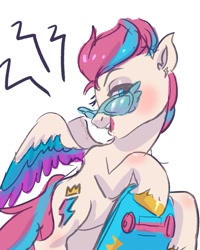 Size: 744x929 | Tagged: safe, artist:funky_furs, artist:funkyfurs, imported from derpibooru, zipp storm, pegasus, pony, blushing, colored wings, female, g5, glasses, mare, multicolored wings, open mouth, simple background, skateboard, solo, unshorn fetlocks, white background, wings