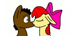 Size: 1520x720 | Tagged: safe, imported from derpibooru, apple bloom, oc, oc:ladainian otis, bow, canon x oc, colt, female, filly, hair bow, kiss on the lips, kissing, ladainianbloom, male, shipping, straight, wild eyes