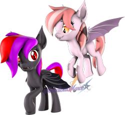 Size: 2318x2129 | Tagged: safe, artist:melodiousmarci, imported from derpibooru, oc, oc:alum orchid, oc:strawberry gleam, bat pony, pony, 3d, female, flying, high res, lesbian, looking at each other, oc x oc, shipping, simple background, source filmmaker, transparent background