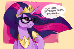 Size: 2714x1810 | Tagged: safe, artist:cadillac-dynamite, artist:cadillacdynamite, imported from derpibooru, sci-twi, twilight sparkle, alicorn, pony, the last problem, crown, cute, eyebrows, eyebrows visible through hair, eyelashes, female, glasses, grin, high res, hoof shoes, implied luster dawn, jewelry, mare, meganekko, offscreen character, offscreen female, older, older twilight, peytral, princess twilight 2.0, regalia, smiling, solo, speech bubble, twiabetes, twilight sparkle (alicorn)