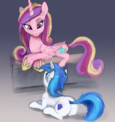 Size: 2301x2436 | Tagged: safe, artist:fantdragon, artist:xbi, colorist:xbi, imported from derpibooru, princess cadance, shining armor, alicorn, pony, unicorn, digital art, digital color, digitally colored, female, gradient background, high res, looking at each other, male, mare, mixed media, shiningcadance, shipping, smiling, stallion, straight, traditional art