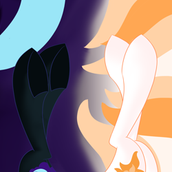 Size: 2500x2500 | Tagged: safe, artist:cycrus, imported from derpibooru, daybreaker, nightmare moon, alicorn, pony, abstract background, duo, duo female, female, fetish, high res, hoof fetish, legs, legs in air, mare, pictures of legs