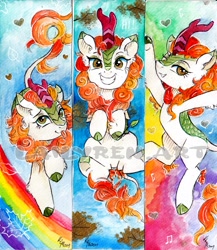 Size: 1931x2226 | Tagged: safe, artist:lailyren, imported from derpibooru, autumn blaze, kirin, awwtumn blaze, bookmark, cloven hooves, cute, female, leonine tail, looking at you, mare, rainbow, smiling, solo, tongue out, traditional art, watercolor painting, watermark