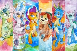 Size: 1772x1181 | Tagged: safe, artist:lailyren, imported from derpibooru, gallus, ocellus, sandbar, silverstream, smolder, yona, changedling, changeling, dragon, earth pony, griffon, hippogriff, pony, yak, bookmark, colt, crossed arms, female, glasses, grin, looking at you, male, nervous, nervous grin, smiling, student six, teenager, tongue out, traditional art, watercolor painting, watermark