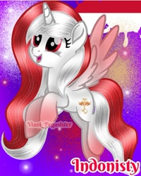 Size: 675x845 | Tagged: safe, artist:viani_pegasister, imported from derpibooru, oc, oc:indonisty, alicorn, pony, female, flying, indonesia, indonesian flag, mare, name, nation ponies, open mouth, paint, ponified, smiling, stars, watermark