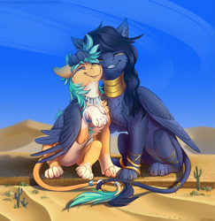 Size: 2913x3000 | Tagged: safe, artist:mithriss, imported from derpibooru, oc, oc only, oc:midnight sands, oc:summer ray, sphinx, anklet, bracelet, chest fluff, cute, desert, duo, egyptian, eyes closed, featured image, female, grin, head pat, high res, hug, intertwined tails, jewelry, macro, male, necklace, ocbetes, one eye closed, pat, ring, smiling, species swap, sphinx oc, sphinxified, straight, sweet dreams fuel, tail, tail ring, winghug, wings