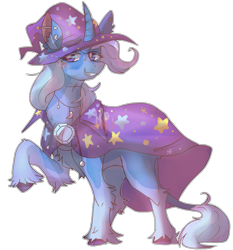 Size: 1191x1280 | Tagged: safe, artist:mothpolllen, imported from derpibooru, trixie, classical unicorn, pony, unicorn, cape, clothes, cloven hooves, grin, hat, leonine tail, looking at you, pale belly, raised hoof, simple background, smiling, solo, transparent background, trixie's cape, trixie's hat, unshorn fetlocks
