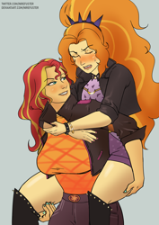 Size: 2480x3508 | Tagged: safe, artist:nire, imported from derpibooru, adagio dazzle, sunset shimmer, equestria girls, blushing, blushing profusely, boots, clothes, embarrassed, eyes closed, female, frown, headband, high res, jacket, lesbian, nail polish, piggyback ride, shipping, shoes, shorts, smiling, spiked wristband, sunsagio, sweat, sweatdrop, tsundagio, tsundere, wristband
