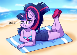 Size: 1400x1000 | Tagged: safe, artist:melliedraws, imported from derpibooru, sci-twi, twilight sparkle, anthro, plantigrade anthro, unicorn, equestria girls, ass, beach, breasts, butt, cleavage, clothes, equestria girls ponified, feet, female, heart nostrils, one-piece swimsuit, sandals, solo, swimsuit, the pose, twibutt, unicorn sci-twi