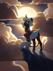 Size: 1800x2400 | Tagged: safe, artist:joan-grace, imported from derpibooru, oc, oc only, oc:penumbra (secrets-of-everfree), alicorn, pony, cliff, cloud, female, mare, moon, offspring, parent:king sombra, parent:princess luna, parents:lumbra, solo, two toned wings, wings