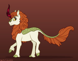 Size: 1280x998 | Tagged: safe, artist:quincydragon, imported from derpibooru, autumn blaze, kirin, cloven hooves, female, leonine tail, red background, simple background, solo, story included