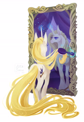 Size: 3175x4576 | Tagged: safe, artist:sitaart, imported from derpibooru, oc, oc only, oc:blue haze, pony, saddle arabian, unicorn, ponyfinder, bard, blonde, blonde hair, blonde mane, blue eyes, brush, brushing, clothes, dress, dungeons and dragons, fantasy class, female, horn, magic, magic aura, mare, mirror, pathfinder, pen and paper rpg, reflection, rpg, signature, simple background, vain, vanity