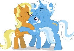 Size: 6618x4602 | Tagged: safe, artist:thatusualguy06, imported from derpibooru, jack pot, sunflower spectacle, trixie, pony, unicorn, absurd resolution, atg 2021, eyes closed, family, female, hug, hug sandwich, leaning, male, mare, newbie artist training grounds, show accurate, simple background, smiling, stallion, transparent background, trio, trixie's family, vector