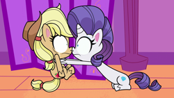 Size: 1920x1080 | Tagged: safe, imported from derpibooru, screencap, applejack, rarity, earth pony, pony, unicorn, my little pony: pony life, spoiler:pony life s02e23, boop, duo, female, g4.5, looking at each other, looking at someone, mare, noseboop, pony life, the de-stress ball