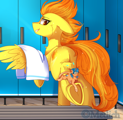 Size: 2647x2587 | Tagged: safe, artist:mediasmile666, imported from derpibooru, spitfire, oc, pegasus, pony, unicorn, butt, duo, female, floppy ears, high res, lockers, looking back, mare, micro, plot, rear view, small pony, spread wings, towel, underhoof, wings