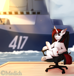 Size: 2892x2946 | Tagged: safe, artist:mediasmile666, imported from derpibooru, oc, oc only, pony, unicorn, chair, eyebrows, eyebrows visible through hair, female, frown, high res, horn, looking at you, mare, ocean, outdoors, ship, sitting, solo, unicorn oc