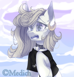 Size: 2127x2198 | Tagged: safe, artist:mediasmile666, imported from derpibooru, oc, oc only, pony, bell, bell collar, cloud, collar, crying, female, high res, mare, open mouth, raised hoof, sky, solo, teary eyes