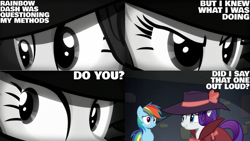 Size: 1280x720 | Tagged: safe, edit, edited screencap, editor:quoterific, imported from derpibooru, screencap, rainbow dash, rarity, pegasus, pony, unicorn, rarity investigates, season 5, black and white, close-up, female, grayscale, mare, monochrome