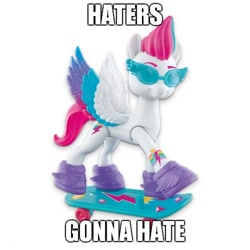 Size: 500x500 | Tagged: safe, imported from derpibooru, zipp storm, pegasus, g5, glasses, haters gonna hate, impact font, meme, skateboard, toy