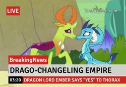 Size: 750x515 | Tagged: safe, edit, edited screencap, imported from derpibooru, screencap, princess ember, thorax, changedling, changeling, dragon, triple threat, break your own news, dragon lord ember, embrax, female, king thorax, male, shipping, straight