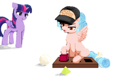 Size: 2020x1276 | Tagged: safe, artist:some_ponu, imported from derpibooru, cozy glow, twilight sparkle, alicorn, pegasus, pony, blocks, cap, duo, female, filly, foal, hat, mare, pixel art, please be patient i have autism, simple background, twilight sparkle (alicorn), white background