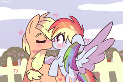 Size: 2995x2005 | Tagged: dead source, safe, artist:cherritoppu, artist:maiii-san, imported from derpibooru, applejack, rainbow dash, earth pony, pegasus, pony, appledash, blushing, bushy brows, cloud, duo, eyes closed, female, heart, high res, kiss on the lips, kissing, lesbian, mare, outdoors, shipping, spread wings, wingboner, wings