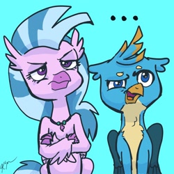 Size: 2048x2048 | Tagged: safe, artist:catscratchpaper, imported from derpibooru, gallus, silverstream, griffon, hippogriff, blue background, confused, crossed arms, duo, female, frown, gallus is not amused, high res, male, open mouth, silverstream is not amused, simple background, unamused