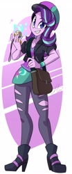 Size: 1705x4096 | Tagged: safe, artist:light262, imported from derpibooru, starlight glimmer, equestria girls, beanie, clothes, female, grin, handbag, hat, high res, locket, looking at you, pants, purse, ripped pants, smiling, smiling at you, solo, solo female, torn clothes