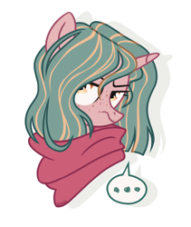 Size: 1054x1249 | Tagged: safe, artist:petruse4ka, imported from derpibooru, oc, oc only, pony, unicorn, ..., bust, clothes, freckles, frown, horn, scarf, simple background, solo, unicorn oc, white background